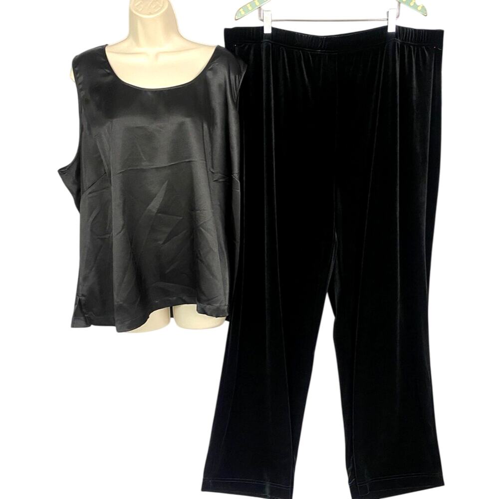 Bob‎ Mackie Pants Top Set 3X Black Stretch Velvet Pull On Satin Tank Formal Glam